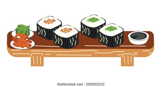 Brötchen mit Gurken und Fisch auf weißem Hintergrund. asiatische Küche. Vektorgrafik für Restaurants, Menüs, Dekoration