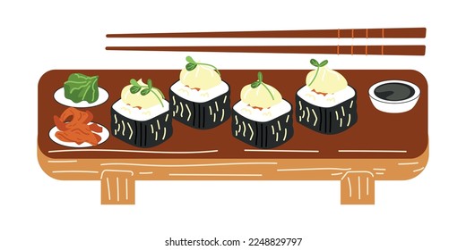 Maki rolls with fish and omelet on a white background. Asian food. Vector illustration for restaurants, menus, decor