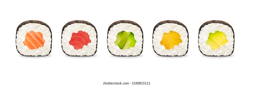 Maki rolls with salmon, tuna, cucumber, avocado and mango isolated on white background. Sushi pieces collection. Fresh maki rolls pieces with rice and nori. Realistic vector illustration.