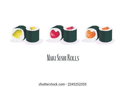 Maki rolls with salmon, tuna, cucumber, avocado and mango isolated on white background. Sushi pieces collection. Fresh maki rolls pieces with rice and nori. Realistic vector illustration.