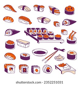 Maki and sashimi, sushi types and varieties. Isolated oriental cuisine and dishes, Japanese meal and food with salmon, nori and pressed rice. Chopsticks and soy sauce. Vector flat style illustration