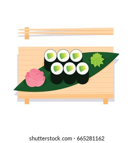 Maki sushi with avocado served on wooden board with leaf, ginger, wasabi and chopsticks near. Vector illustration of sushi roll in simple flat projection style on white background for your design.