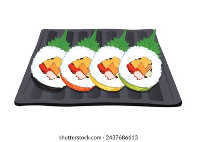 Maki Sushi in Teller mit Blatt isoliert auf weißem Hintergrund. Japanisches Essen.