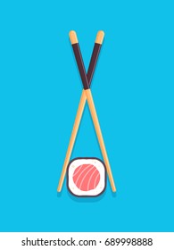 Maki sushi roll with chopsticks. Vector illustration in flat style, top view.