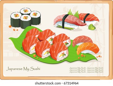 Maki Sushi - Roll made of Cucumber and Fresh Salmon outside. Seafood set, vector illustration and other traditional Japanese food.