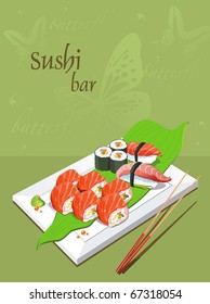 Maki Sushi - Roll made of Fresh Salmon outside. Seafood set of sashimi on rectangular white plate - traditional Japanese food with chop sticks, vector illustration.