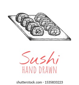 Maki sushi roll plate hand drawn illustration, isolated vector design.