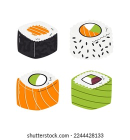 Maki sushi rolls variety collection isolated on white. Popular asian food with rice and seafood. Oriental yummy dish. Traditional japanese cuisine related hand drawn flat vector illustration