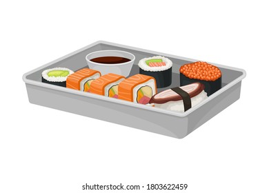 Maki or Sushi with Salmon and Soy Sauce as Seafood Dish Vector Illustration
