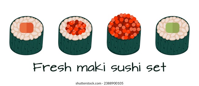 Maki sushi vector icon set. Tasty Japanese rolls with salmon, tuna, caviar, cucumber, avocado and rice wrapped in nori seaweed. Fresh Asian appetizer, fish delicacy. Cartoon seafood isolated on white