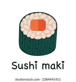 Maki sushi vector icon. Tasty Japanese roll with salmon or tuna, rice wrapped in nori seaweed. Fresh Asian snack, fish delicacy. Seafood isolated on white. Flat cartoon clipart for bar, print, poster