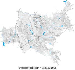Makiivka, Donetsk Oblast, Ukraine high resolution vector map with city boundaries and outlined paths. White additional outlines for main roads. Many detailes. Blue shapes and lines for water.