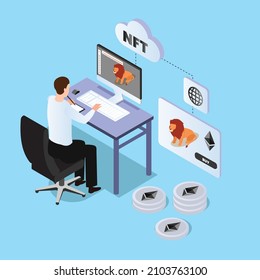 Fabricar arte NFT y venderla en el concepto de vector 3d isométrico Ethereum blockchain para banner, sitio web, ilustración, página de aterrizaje, volante, etc.