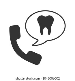 Making appointment with dentist glyph icon. Silhouette symbol. Handset with tooth. Calling to dental clinic. Negative space. Vector isolated illustration