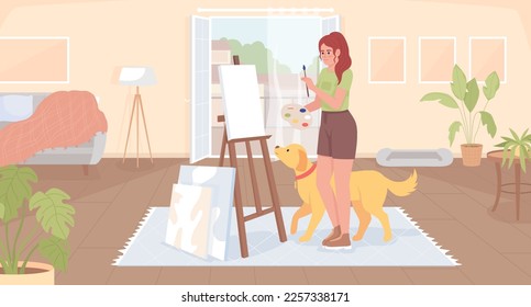 Making art at home flat color vector illustration. Inspired girl with golden retriever painting on easel. Fully editable 2D simple cartoon character with balcony and living room interior on background