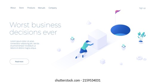 Making bad business decision. Vector illustration in isometric design. Mismatch strategy and corporate goal concept with strong businesswoman pushing load. Web banner layout.