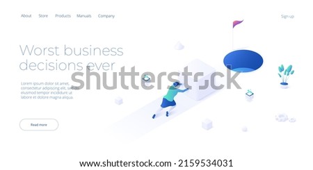 Making bad business decision. Vector illustration in isometric design. Mismatch strategy and corporate goal concept with strong businesswoman pushing load. Web banner layout.