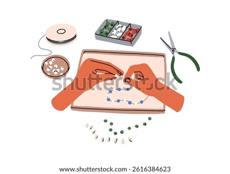 Making bead jewelry. Beadwork, handmade jewellery, handicraft. Hand craft, hobby, creative needlework, handiwork. Handwork, needlecraft. Flat vector illustration isolated on white background