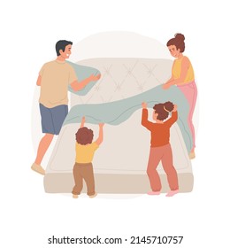 Making bed isolated cartoon vector illustration. Parents and kids making bed together, having fun, holding a blanket, organize bedroom, put pillows, family daily routine vector cartoon.