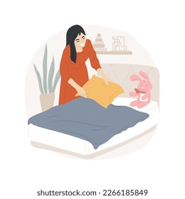 Making bed isolated cartoon vector illustration. Smiling mom fixing pillows, making bed for child, bedtime chores, kid sleep hygiene, put warm blanket, bedroom preparation vector cartoon.