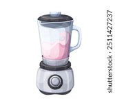 Making berry smoothie or milkshake in cartoon blender. Electric appliance preparing healthy pink blend of juice and milk, yogurt. Cooking process mascot, cartoon kitchen blender vector illustration