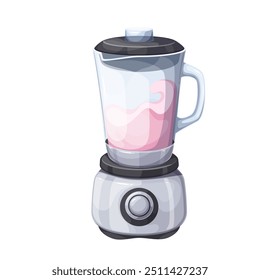 Berry Smoothie oder Milchshake im Comic Mixer. Elektrisches Gerät, das gesunde rosa Mischung aus Saft und Milch, Jogurt zubereitet. Kochprozess Maskottchen, Cartoon Küchenmixer, Vektorgrafik