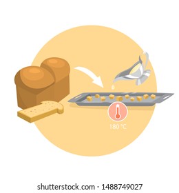 Making Bread Crumbs At Home. Baking Bread Pieces In Oven. Ingredient For A Salad. Isolated Vector Illustration In Cartoon Style