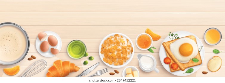 Making breakfast cooking realistic composition with top view of wooden table with ready dishes and ingredients vector illustration