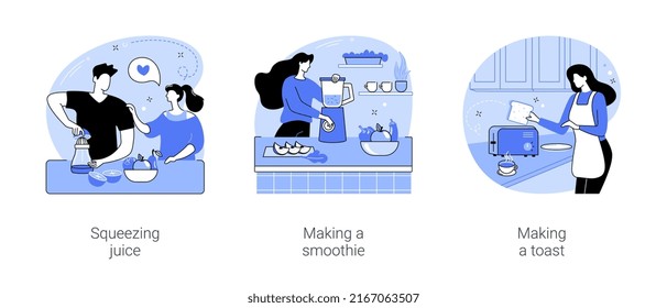 Making breakfast isolated cartoon vector illustrations set. Young couple squeezing orange juice, girl makes smoothie for breakfast, putting bread in the toaster, healthy toast recipe vector cartoon.