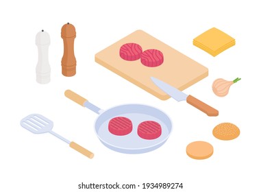 Haciendo la hamburguesa. Isometric vectorial ilustración en diseño plano. 