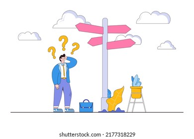 Making business decision, career path, work direction, or choose the best way to success concepts. Confused businessman with question mark on crossroad thinking at development and solution of problem.