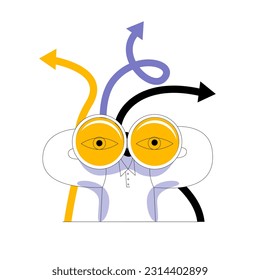 Making business decisions, career development or choosing the right concept of the road to success. The character looks through binoculars through binoculars. The arrows point in different directions.