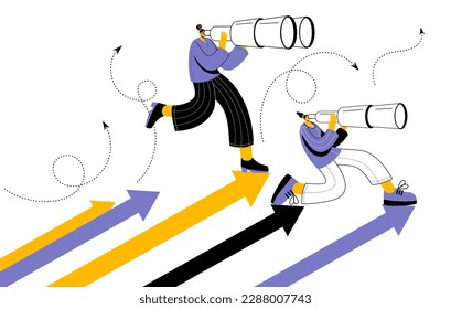 Making business decisions, career growth or choosing the right concept of the path to success. Two characters are looking through binoculars standing on the arrows aiming upwards.