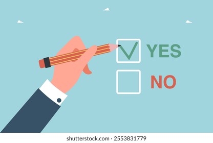 Making business decisions, choosing alternative yes or no, rational thinking to have confidence in strategy or plan of action, pros and cons, moral choice, voting, hand with pencil making choice.