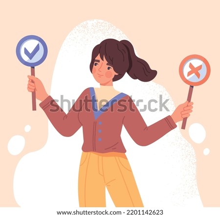 Making business decisions concept. Smiling businesswoman holding sign with tick and cross. Right and wrong decision. True and false opinion. Survey or questionnaire. Cartoon flat vector illustration