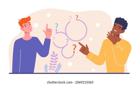 Making business decisions. Men discuss problem and look for ways and means to solve it. Male characters ask questions and think. Entrepreneurs make difficult choices. Cartoon flat vector illustration