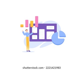 making a business idea or plan to achieve the goals. Strategizing and Product Research. a businessman presenting the Data Results from the Analysis and business model on the board. illustration svg