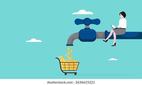 making cash flow, income from affiliate marketing program, get profits from business or dividends from stock investments, woman working on a water tap that dispenses lots of golden coins concept
