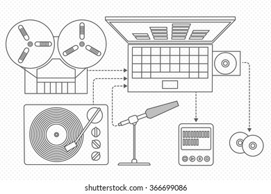 Making CD and digital file format from tape, vinyl and microphone voice - Tape recorder, turntable, laptop, digital player- Line drawing