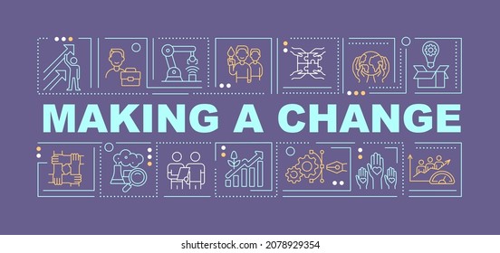 Making change and transformation word concepts banner. Social enterprise. Infographics with linear icons on purple background. Isolated creative typography. Vector outline color illustration with text