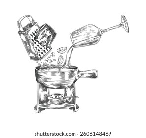 Making cheese fondue with fondue pot, grater, cheese, glass of wine, and garlic. Ingredients and equipment for French treat. Vector vintage hand drawn illustration. Engraving. Isolated background.
