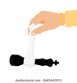 Making a chess move with a queen to kick a king in chess game. Hand hold chess piece isolated on white background. High ambitions. Strategy or intelligence icon. Tactic thinking. Vector
