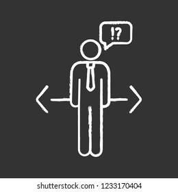Making choice chalk icon. Decision management. Ethical dilemma. Job opportunities. Confused businessman. Ethical decision. Isolated vector chalkboard illustration