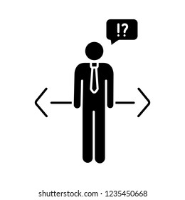 Making choice glyph icon. Decision management. Ethical dilemma. Job opportunities. Confused businessman. Ethical decision. Silhouette symbol. Negative space. Vector isolated illustration