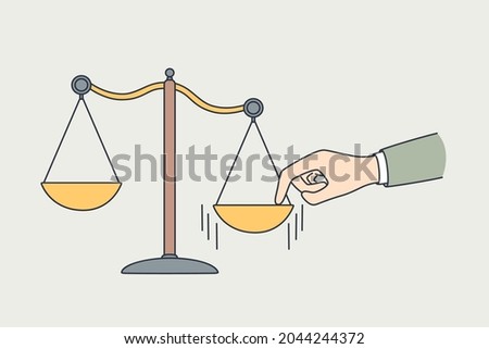 Making choice, measuring values concept. Human hand putting finger to one side on scales making decision and choice vector illustration 
