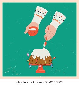 Making Christmas Cake, Christmas Cake Decorated With Glaze. Christmas And New Year Traditions Concept. Vector Illustration.