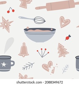 Making Christmas Cookies Simple cozy winter holidays seamless pattern. Cooking food elements for bakery or master class. Christmas and Thanksgiving dinner aesthetics  with baking, kitchen equipment. 