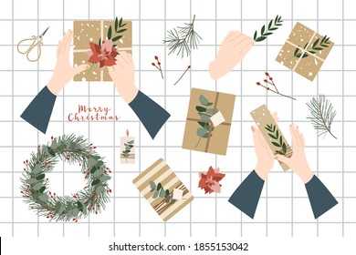 Making christmas gift and wreaths. Eco decoration, eucalyptus, spruce, berry. Presents in kraft paper. Rustic gift box. Xmas and New Year celebration preparation. Vector flat cartoon style