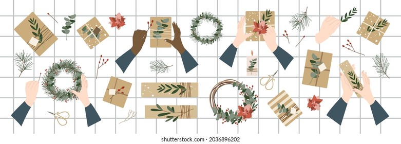 Making christmas gift and wreaths. Eco decoration, eucalyptus, spruce, berry. Presents in kraft paper. Rustic gift box. Xmas and New Year 2022 celebration preparation. Vector flat cartoon illustration