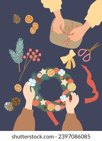 Making Christmas gifts and wreaths. Eco decor, spruce, berries. Gifts in craft paper. Preparing for the celebration of Christmas and New Year. vector illustration